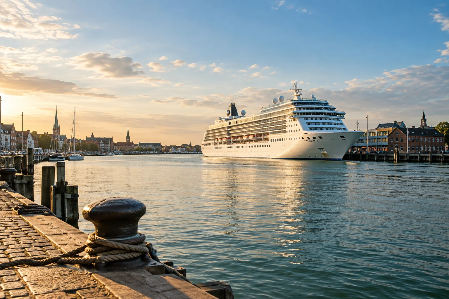 Illustrative harbour scene with a passenger ship beside the waterfront
